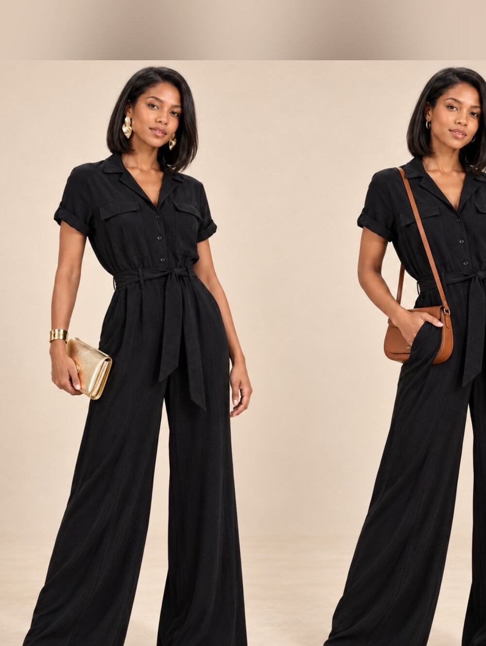 G by Guess Black Short-Sleeve Button-Front Wide-Leg Jumpsuit